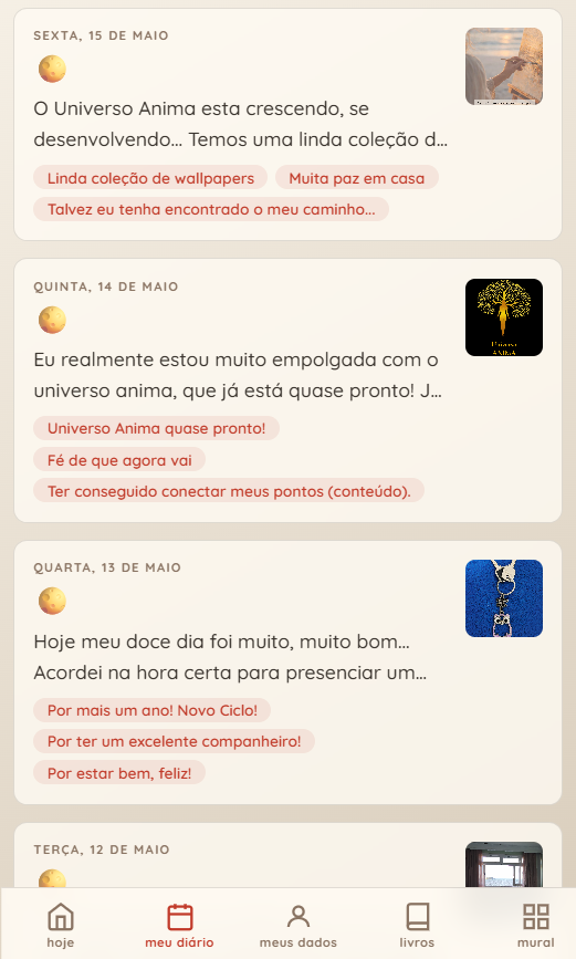 Feed do diário com entradas diárias